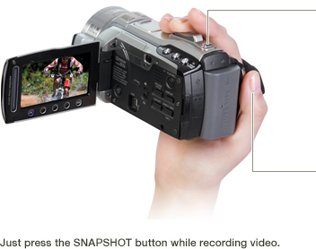 Just press the SNAPSHOT button while recording video.