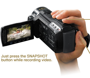 Just press the SNAPSHOT button while recording video.